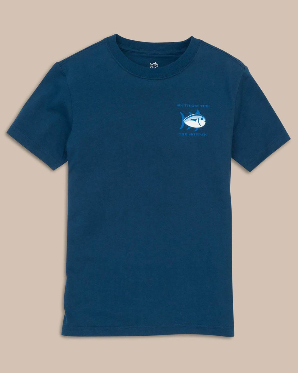 The front view of the Kid's Navy Original Skipjack T-Shirt by Southern Tide - Yacht Blue
