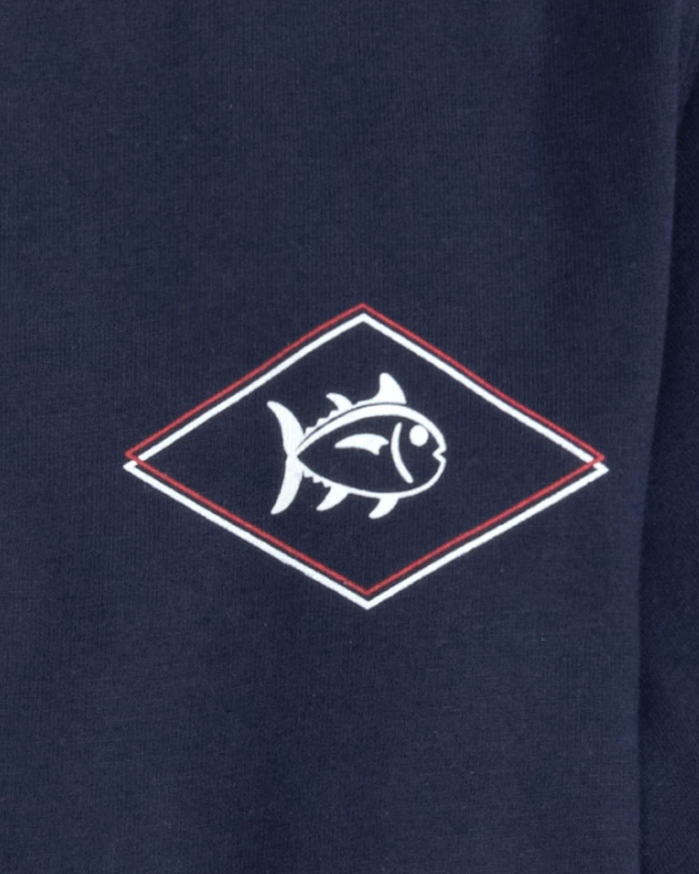 The detail view of the Southern Tide Kids Rod and Reel Flag Short Sleeve T-Shirt by Southern Tide - True Navy