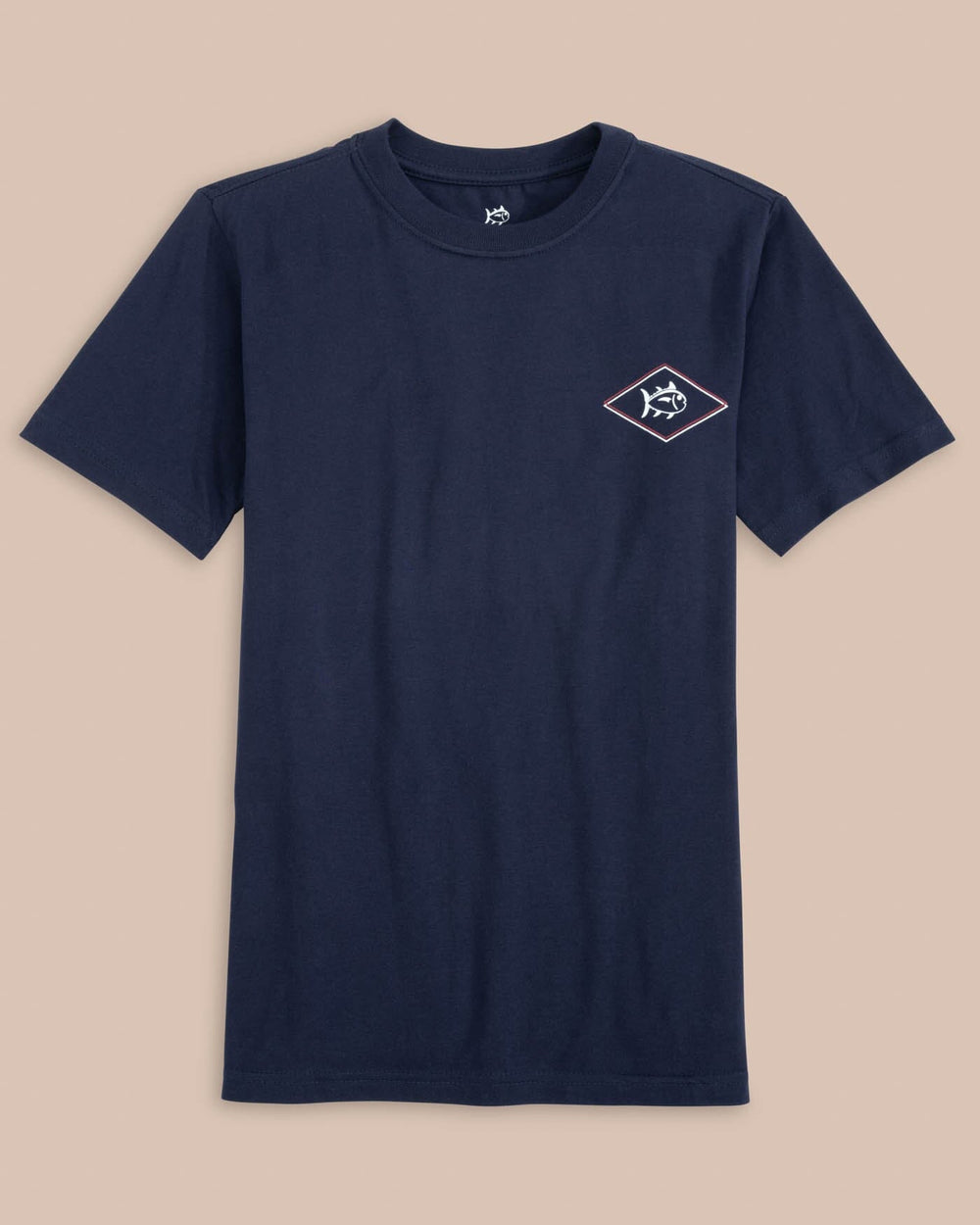The front view of the Southern Tide Kids Rod and Reel Flag Short Sleeve T-Shirt by Southern Tide - True Navy
