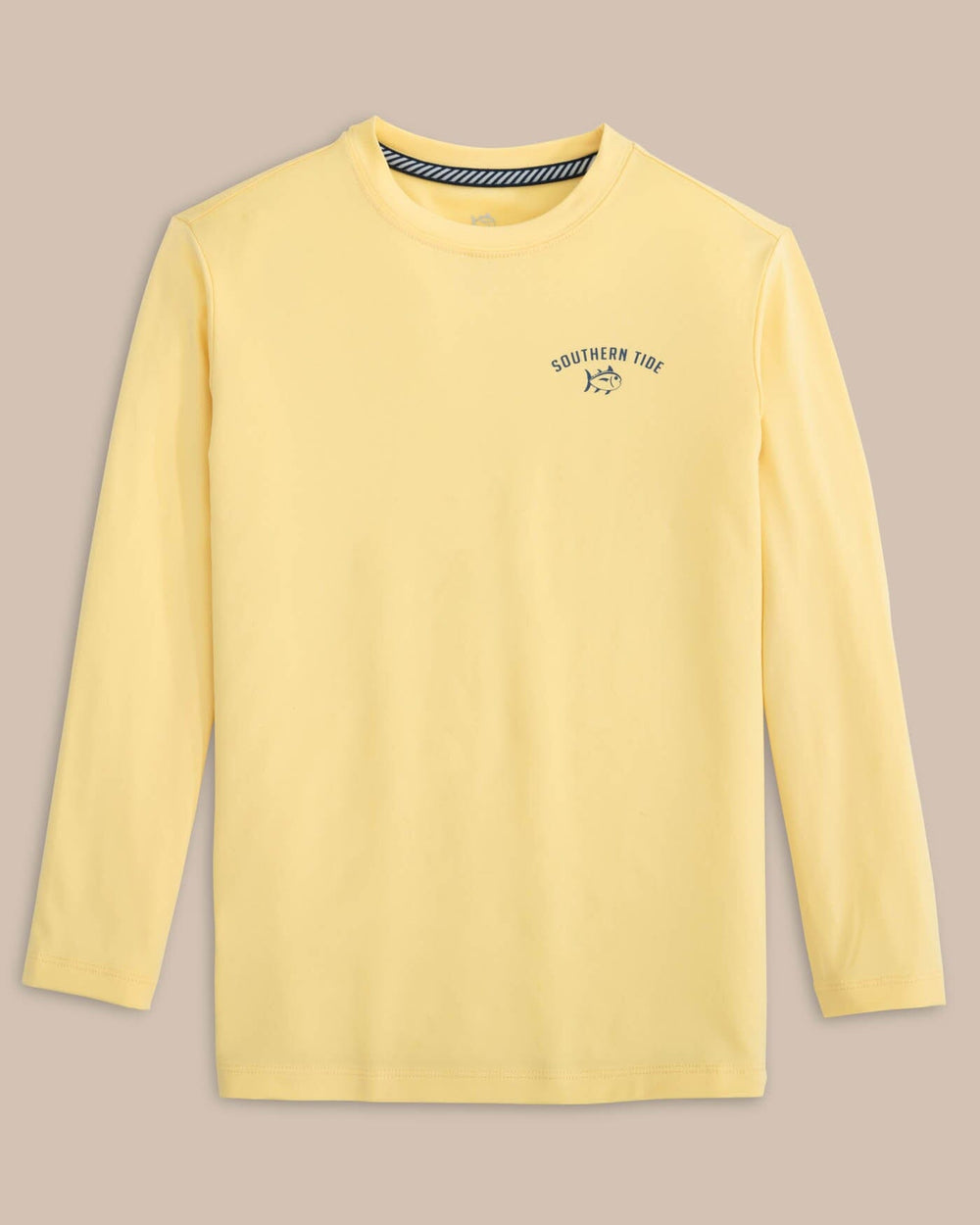 The front view of the Southern Tide Kids Sharks and Skipjacks Performance Long Sleeve T-Shirt by Southern Tide - Golden Haze Yellow