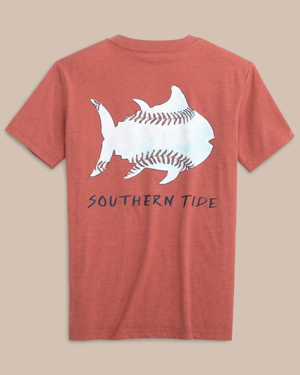 The back view of the Southern Tide Kids Sketched Baseball Heather T-Shirt by Southern Tide - Heather Dusty Coral