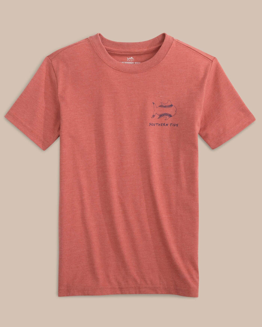The front view of the Southern Tide Kids Sketched Baseball Heather T-Shirt by Southern Tide - Heather Dusty Coral