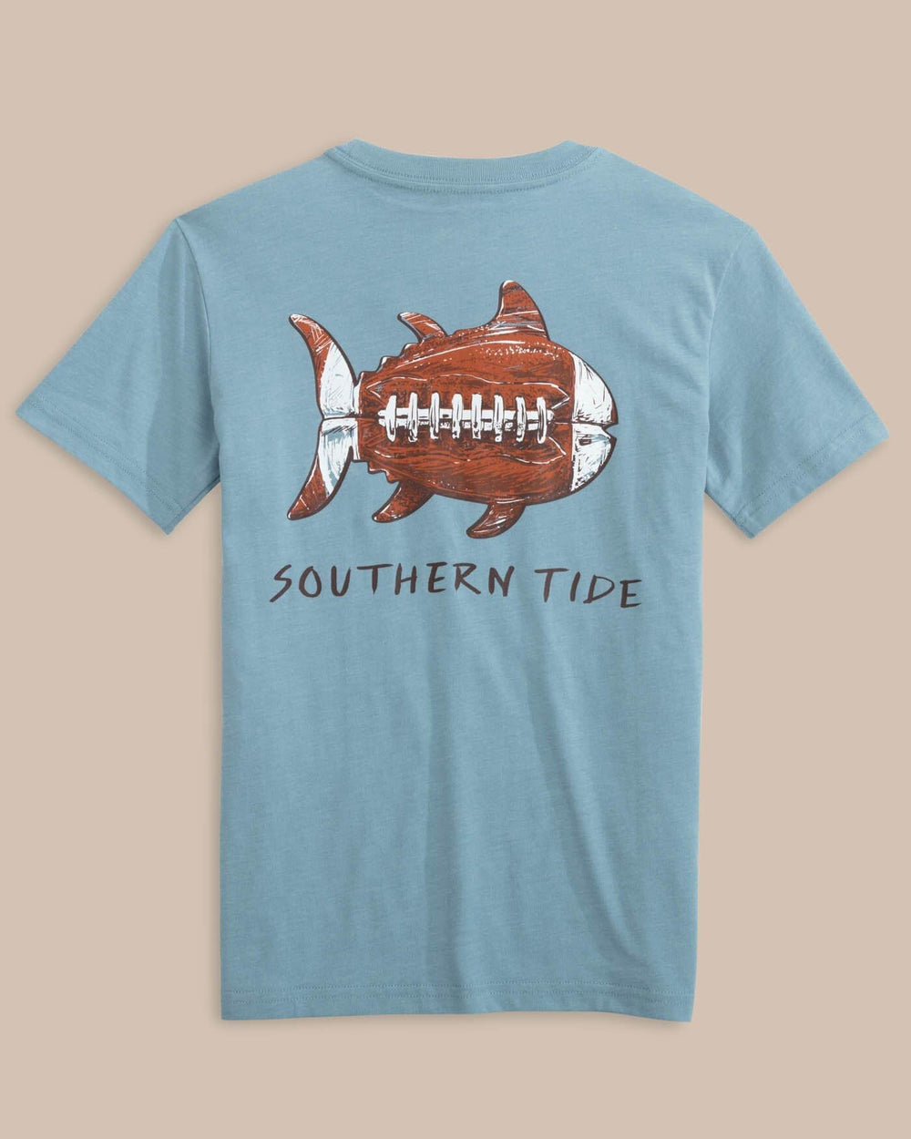The back view of the Southern Tide Kids Sketched Football Heather T-Shirt by Southern Tide - Heather Blue Shadow