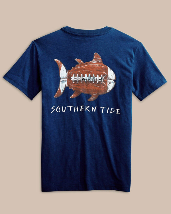 The back view of the Southern Tide Kids Sketched Football Heather T-Shirt by Southern Tide - True Navy