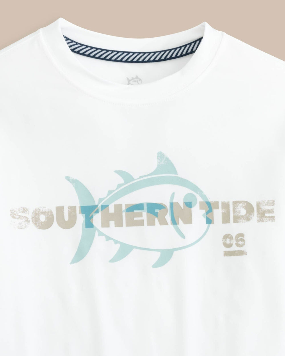 The front view of the Southern Tide Kids ST Overlay Performance Short Sleeve T-Shirt by Southern Tide - Classic White