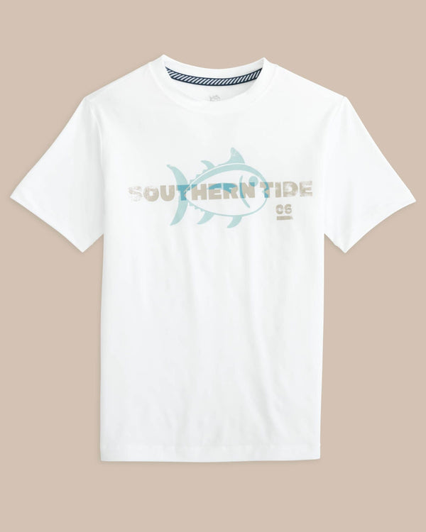 The front view of the Southern Tide Kids ST Overlay Performance Short Sleeve T-Shirt by Southern Tide - Classic White