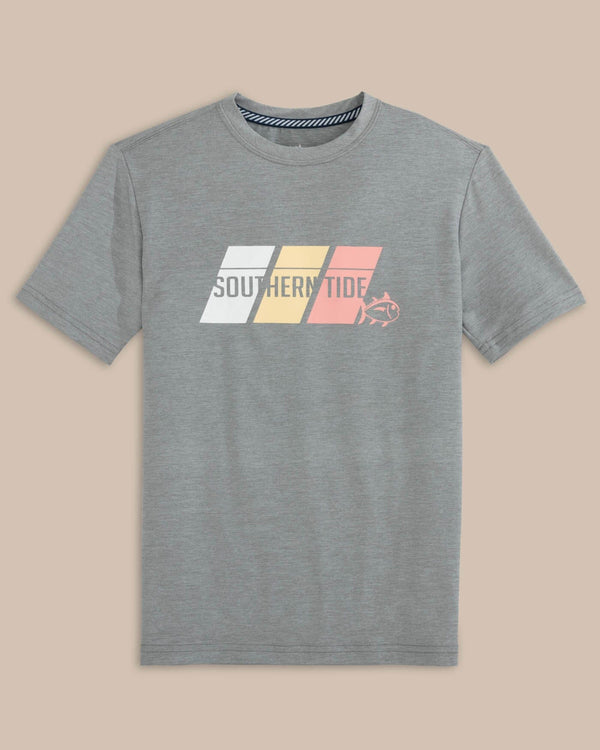 The front view of the Southern Tide Kids ST Tri Block Heather Short Sleeve Performance T-shirt by Southern Tide - Heather Platinum Grey