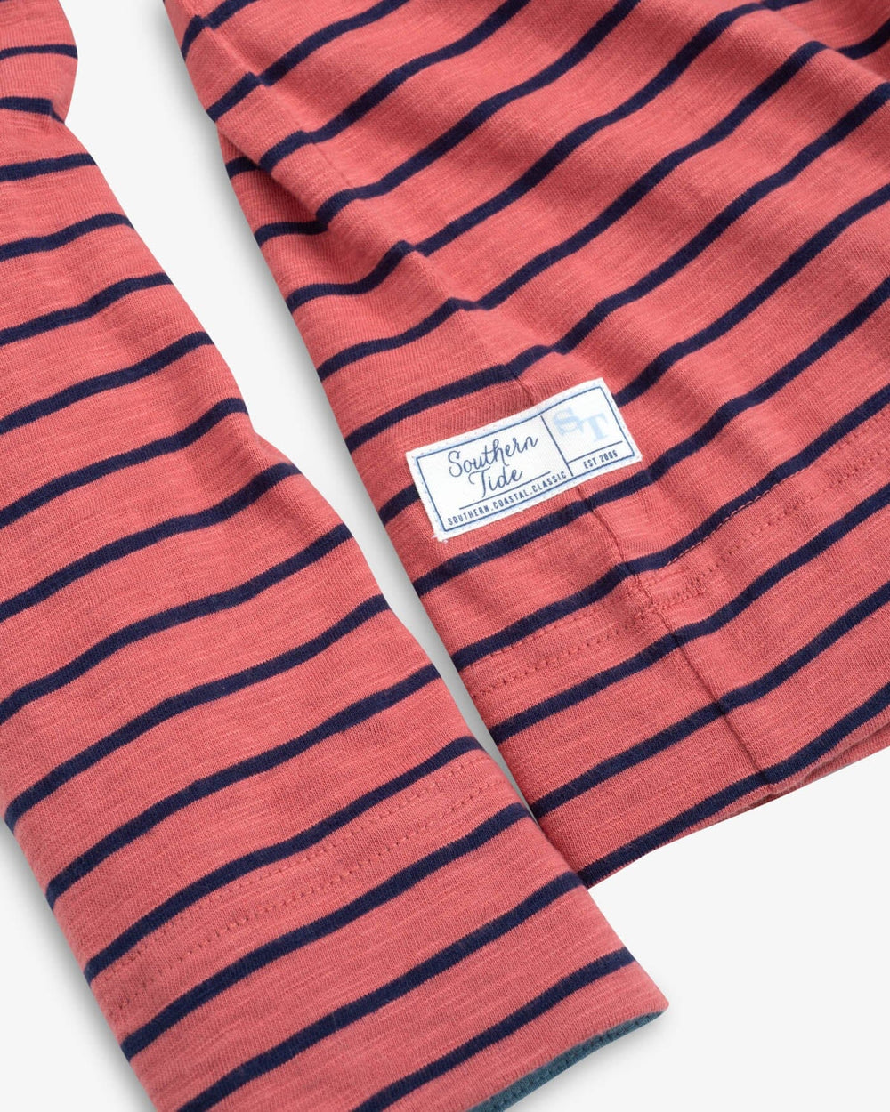 The detail view of the Southern Tide Kimmy Stripe Crew Neck Long Sleeve T-Shirt by Southern Tide - Dusty Coral
