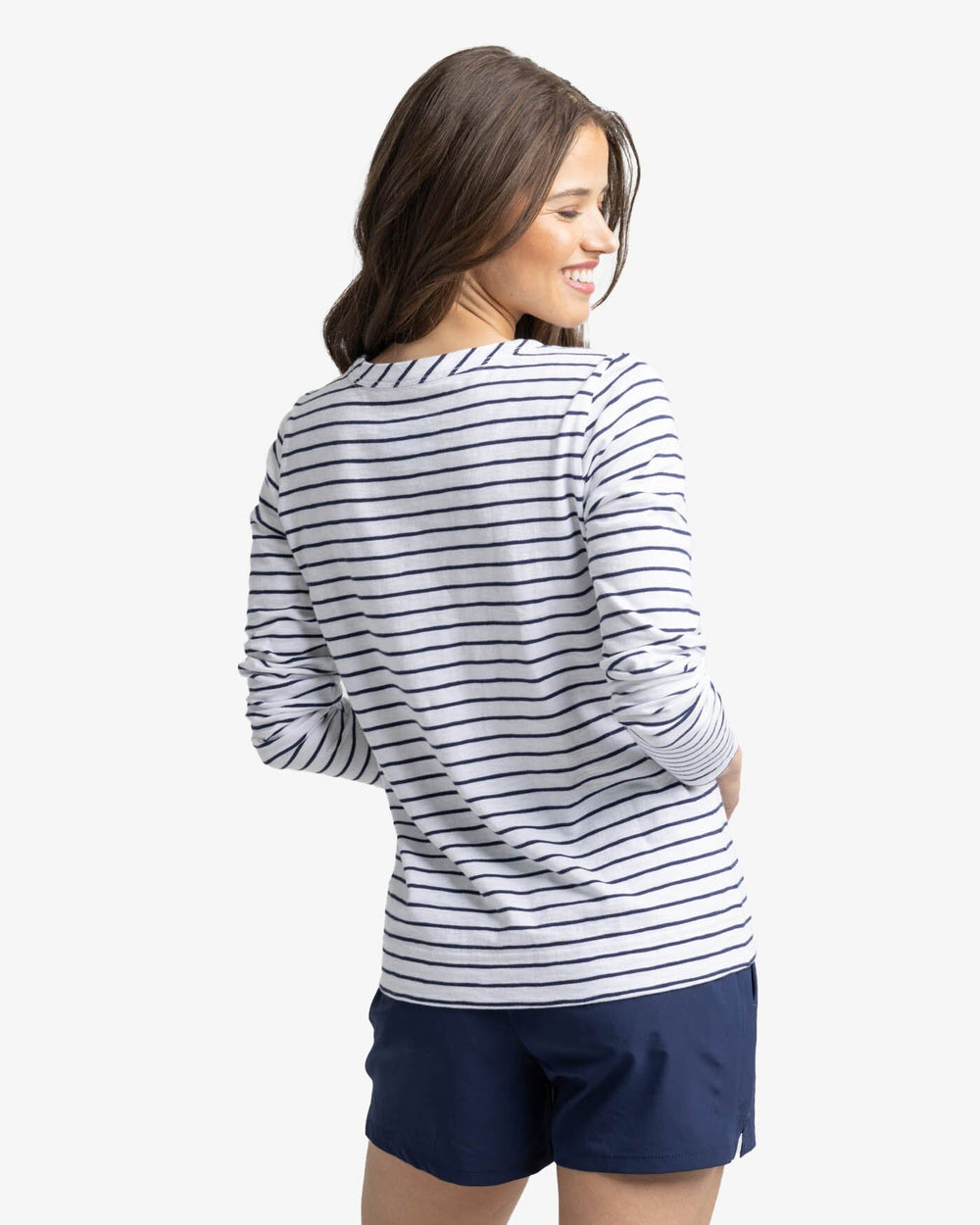 The back view of the Southern Tide Kimmy Stripe Crew Neck Long Sleeve T-Shirt by Southern Tide - Nautical Navy