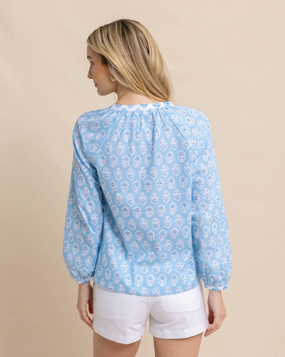 The back view of the Southern Tide Kinsey Garden Variety Printed Top by Southern Tide - Clearwater Blue