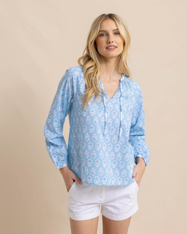 The front view of the Southern Tide Kinsey Garden Variety Printed Top by Southern Tide - Clearwater Blue