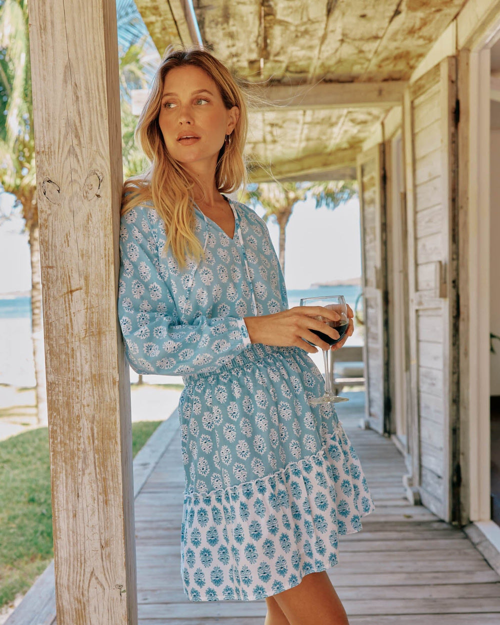 The front view of the Southern Tide Kinsey Garden Variety Printed Top by Southern Tide - Clearwater Blue
