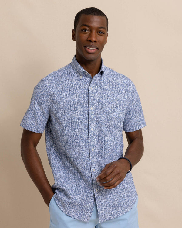 The front view of the Southern Tide Leagally Frond Intercoastal Short Sleeve Sport Shirt by Southern Tide - Eternal Blue