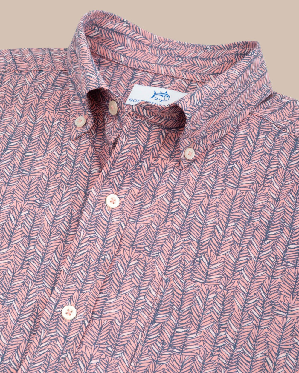 The detail view of the Southern Tide Leagally Frond Intercoastal Short Sleeve Sport Shirt by Southern Tide - Flamingo Pink