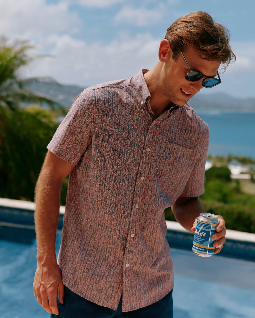 The front view of the Southern Tide Leagally Frond Intercoastal Short Sleeve Sport Shirt by Southern Tide - Flamingo Pink