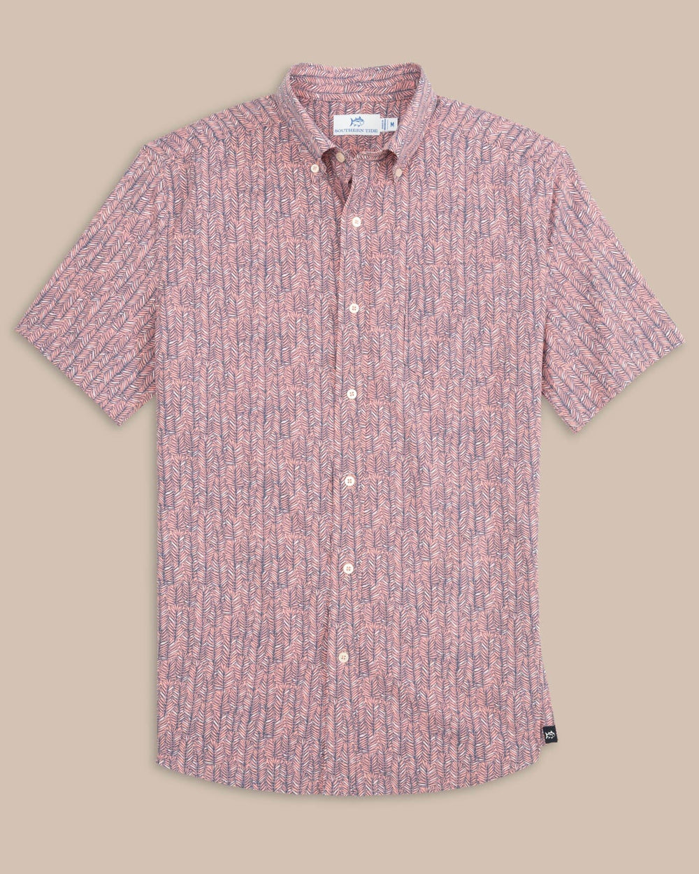 The front view of the Southern Tide Leagally Frond Intercoastal Short Sleeve Sport Shirt by Southern Tide - Flamingo Pink