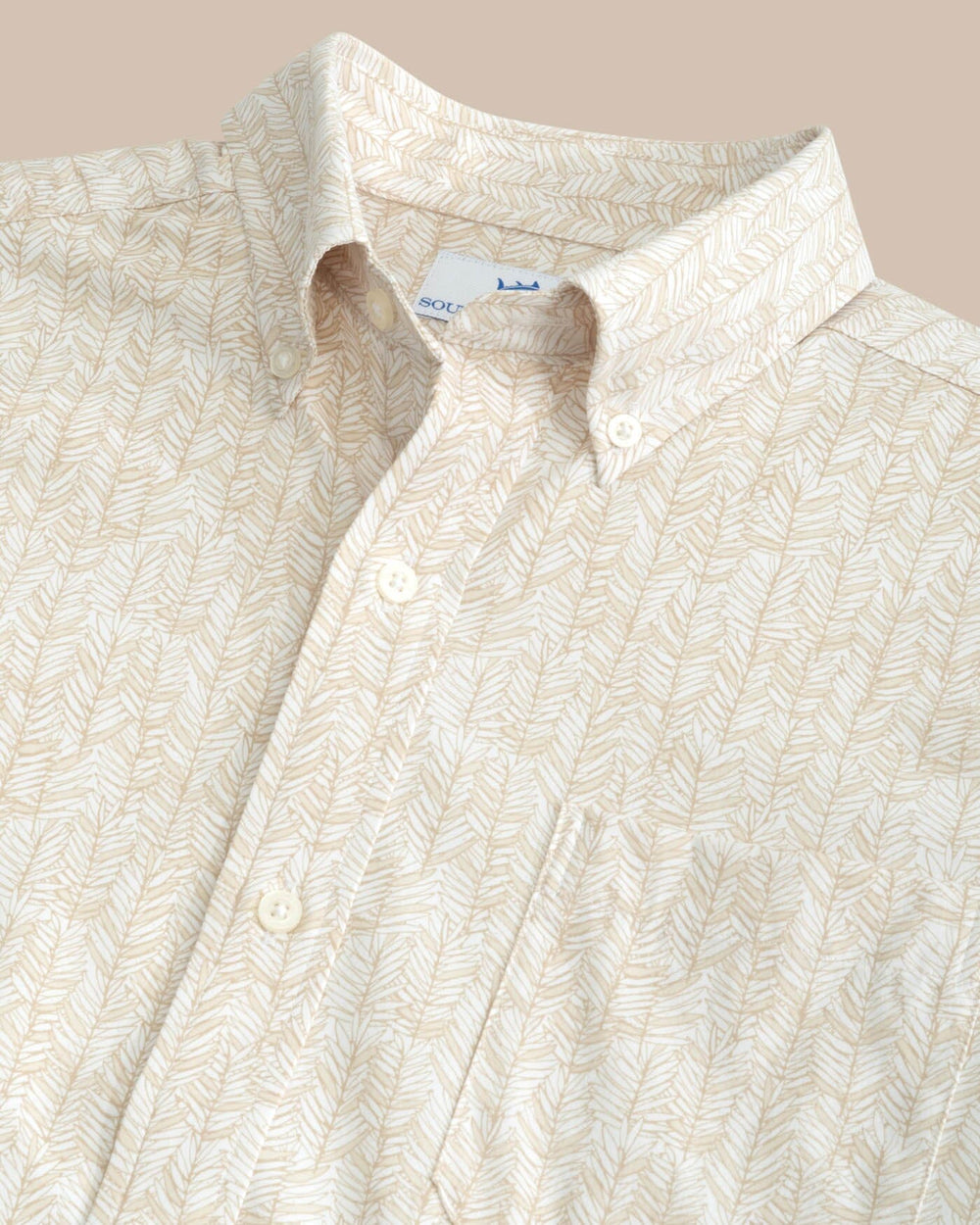 The detail view of the Southern Tide Leagally Frond Intercoastal Short Sleeve Sport Shirt by Southern Tide - Whitecap Khaki