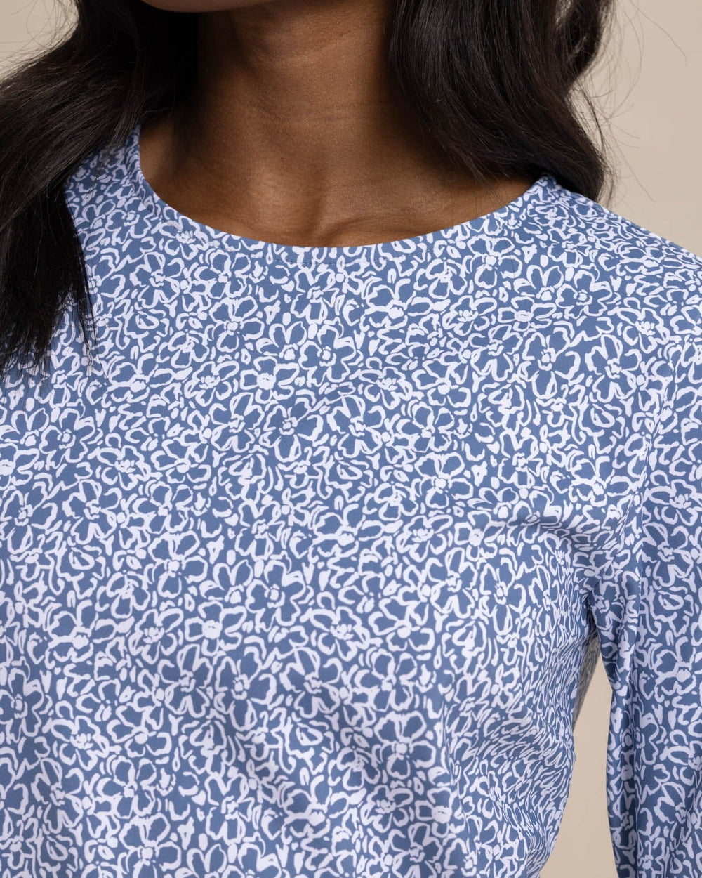 The detail view of the Southern Tide Leira That Floral Feeling Print Performance Dress by Southern Tide - Coronet Blue