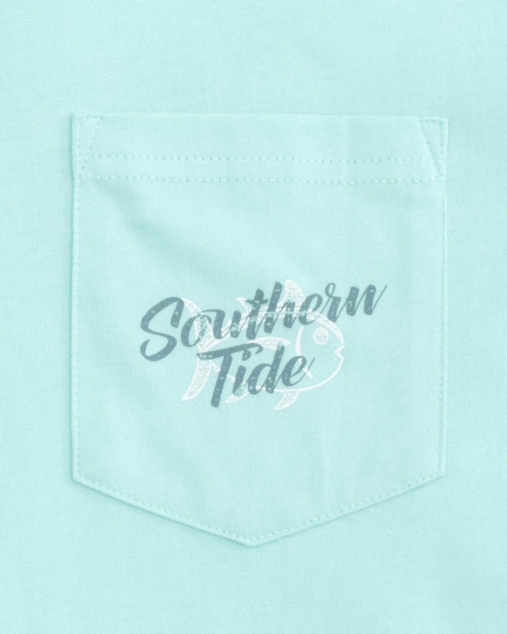 The detail view of the Southern Tide Letterpress Skipjack Long Sleeve Hoodie T-Shirt by Southern Tide - Wake Blue