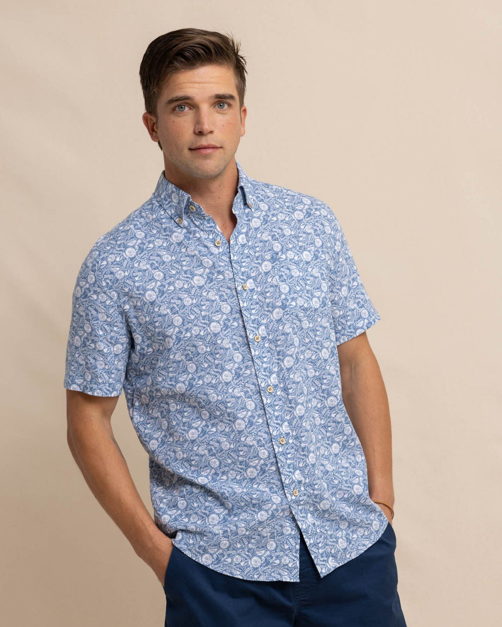 The front view of the Southern Tide Linen Rayon Caps Off Short Sleeve Sport Shirt by Southern Tide - Coronet Blue