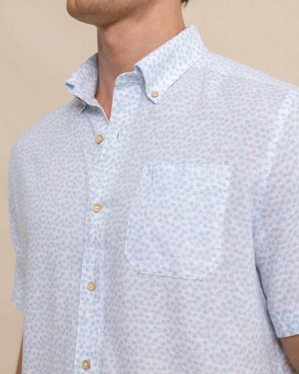 The detail view of the Southern Tide Linen Rayon Palm and Breezy Short Sleeve Sport Shirt by Southern Tide - Clearwater Blue