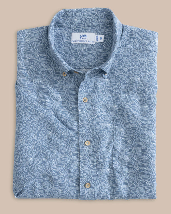 The front view of the Southern Tide Linen Rayon The Whaler Short Sleeve SportShirt by Southern Tide - Coronet Blue
