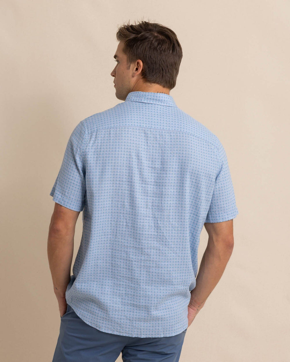The back view of the Southern Tide Linen Rayon White Lotus Short Sleeve Sport Shirt by Southern Tide - Clearwater Blue