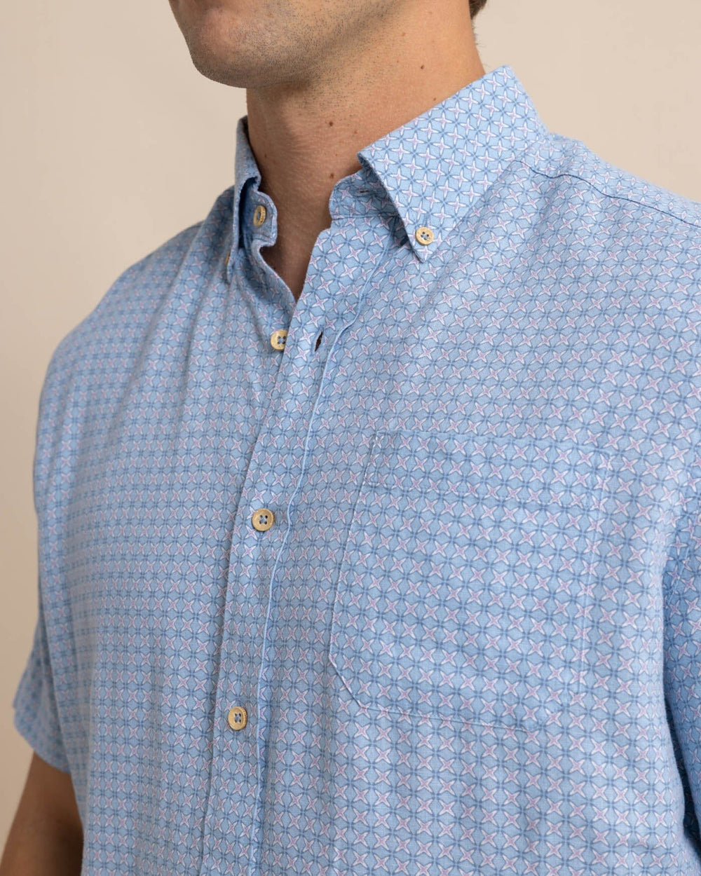 The detail view of the Southern Tide Linen Rayon White Lotus Short Sleeve Sport Shirt by Southern Tide - Clearwater Blue