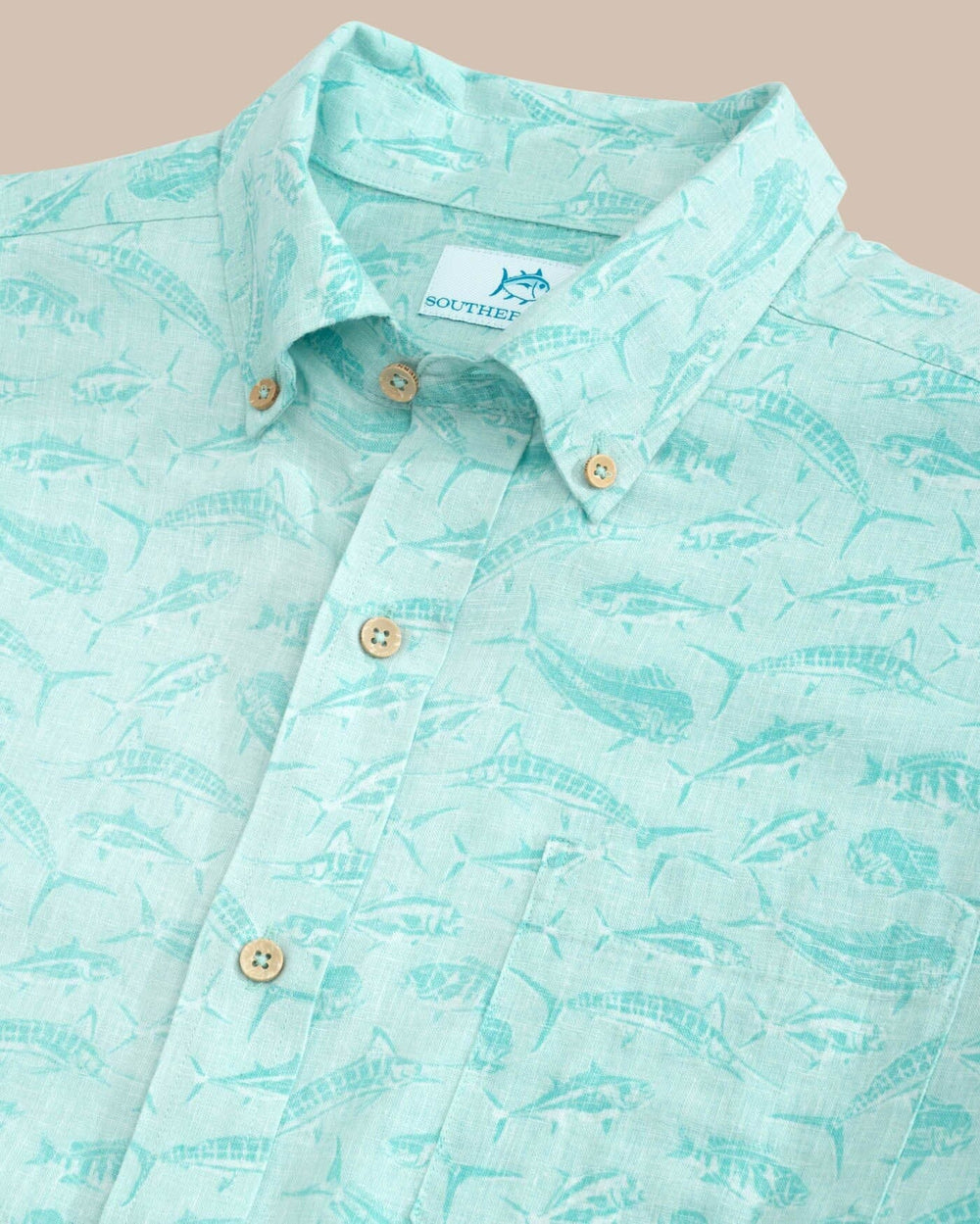 The detail view of the Southern Tide Linen Rayon You've Been Schooled Short Sleeve Sportshirt by Southern Tide - Wake Blue