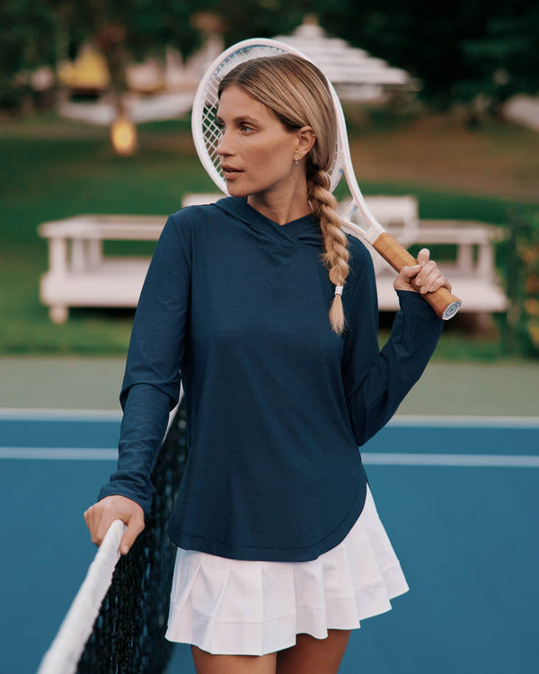 The front view of the Southern Tide Linley brrr illiant Performance Hoodie by Southern Tide - Nautical Navy