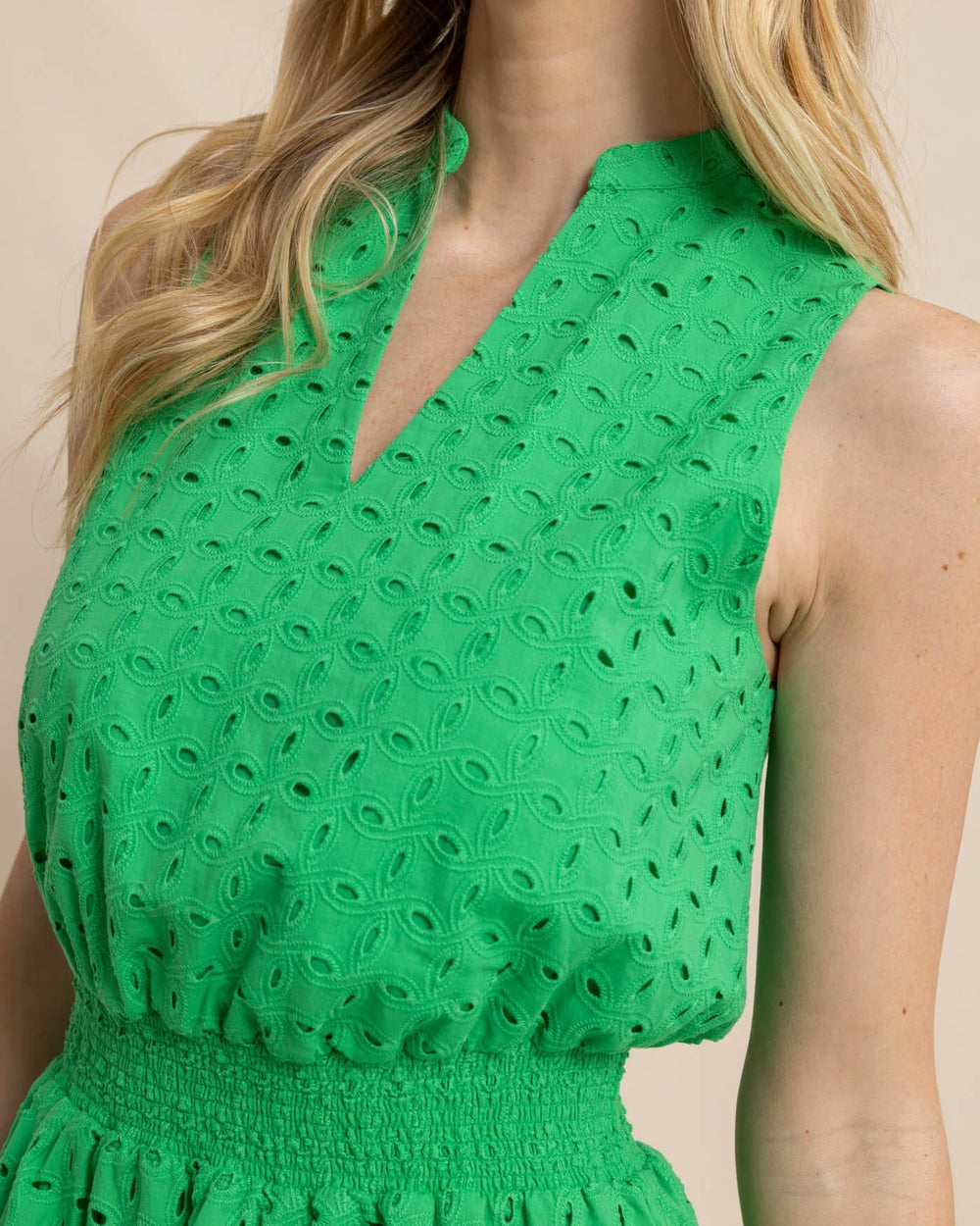 The detail view of the Southern Tide Londyn Eyelet Dress by Southern Tide - Lawn Green