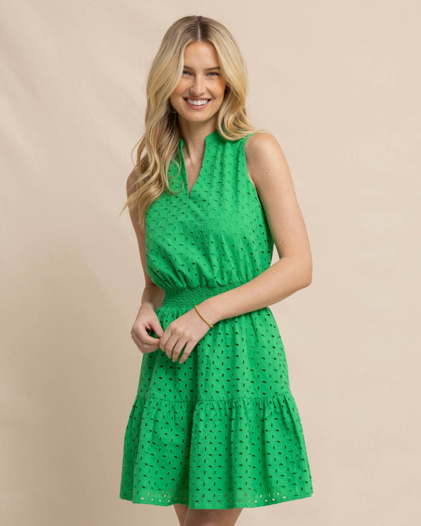 The front view of the Southern Tide Londyn Eyelet Dress by Southern Tide - Lawn Green