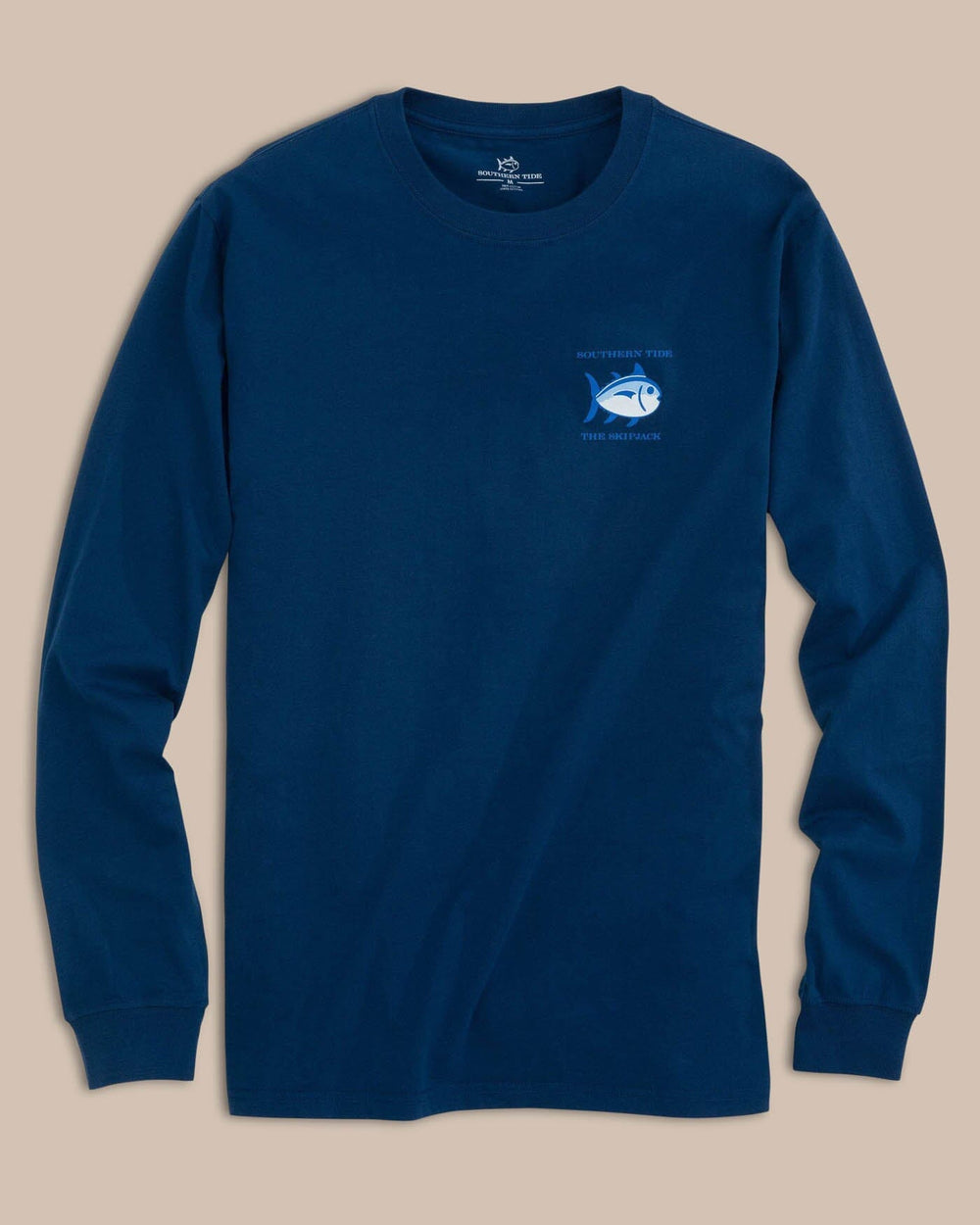 The front view of the Men's Navy Long Sleeve Original Skipjack T-shirt by Southern Tide - Yacht Blue