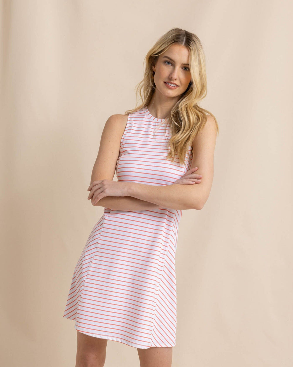 The front view of the Southern Tide Lyllee Striped Performance Dress by Southern Tide - Classic White