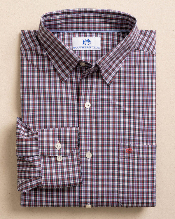 The front view of the Southern Tide MacDuff Tartan Charleston Sport Shirt by Southern Tide - Crab Red