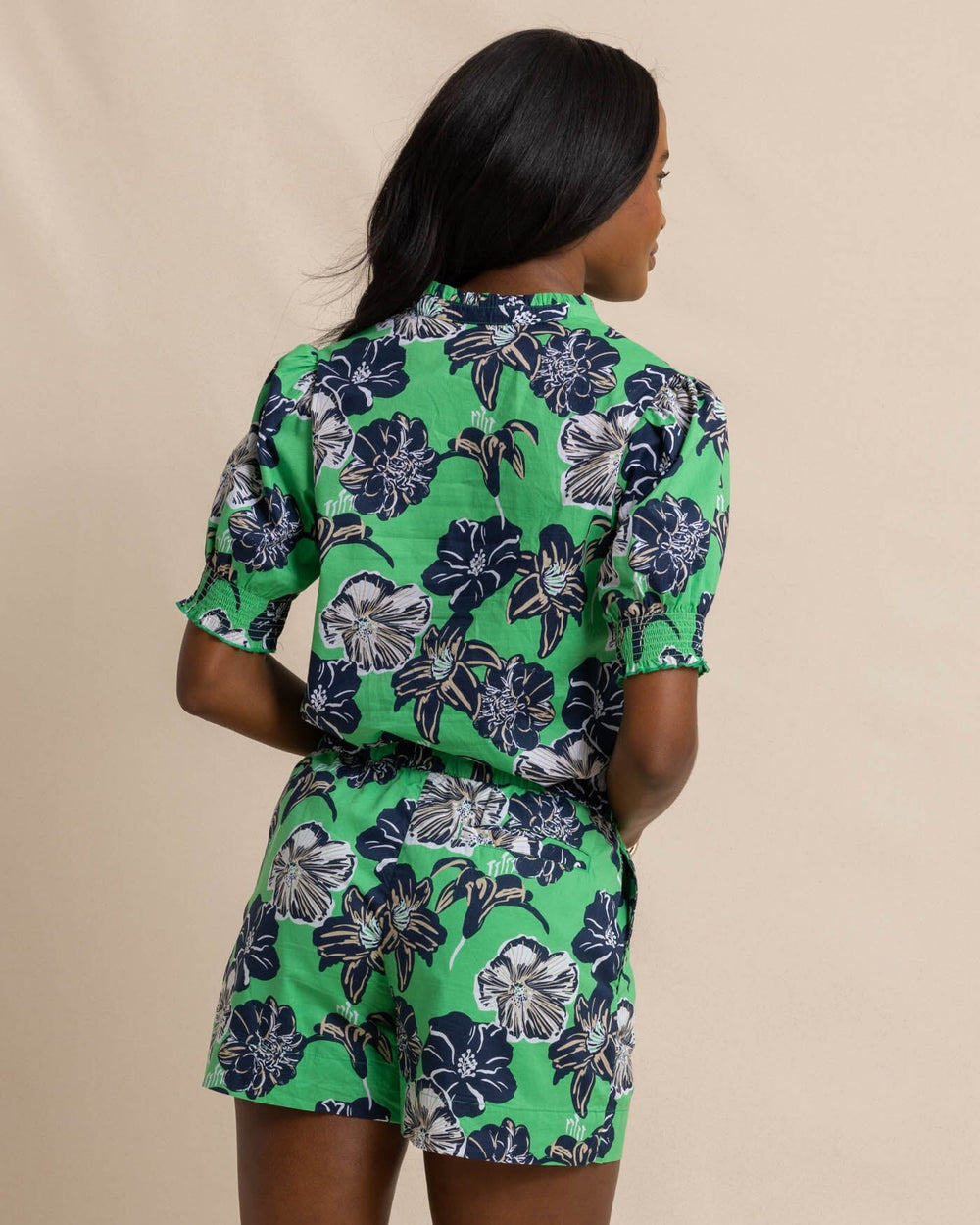 The back view of the Southern Tide Meadow Beach Blooms Lawn Blouse by Southern Tide - Lawn Green