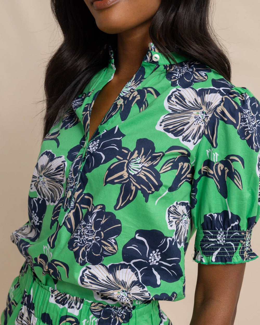 The detail view of the Southern Tide Meadow Beach Blooms Lawn Blouse by Southern Tide - Lawn Green