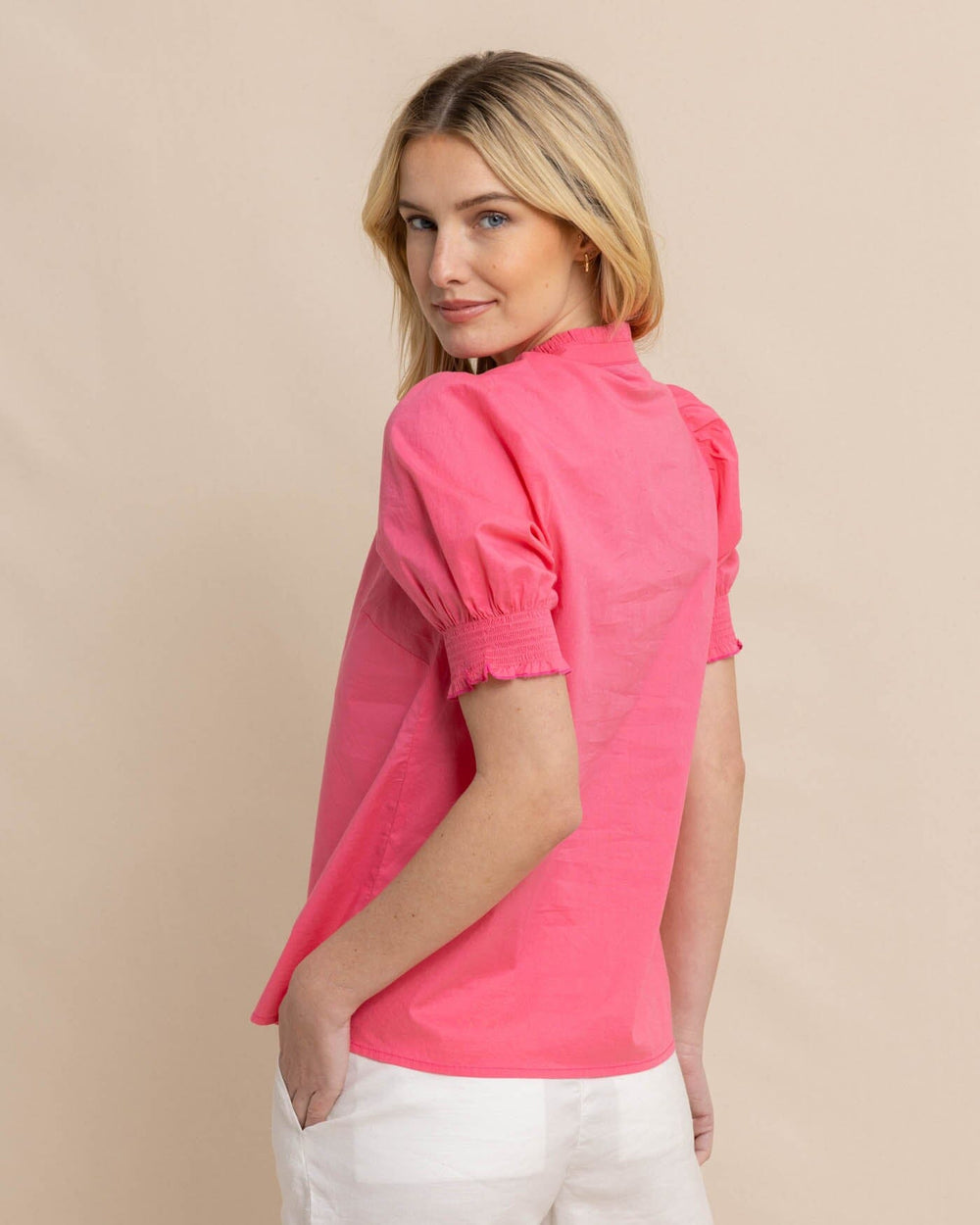 The back view of the Southern Tide Meadow Lawn Blouse by Southern Tide - Camelia Rose Pink