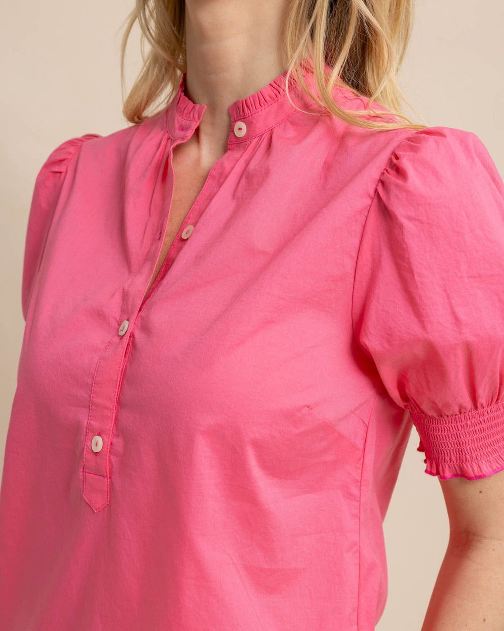 The detail view of the Southern Tide Meadow Lawn Blouse by Southern Tide - Camelia Rose Pink