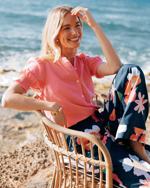 The front view of the Southern Tide Meadow Lawn Blouse by Southern Tide - Camelia Rose Pink