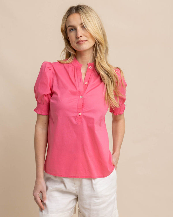 The front view of the Southern Tide Meadow Lawn Blouse by Southern Tide - Camelia Rose Pink