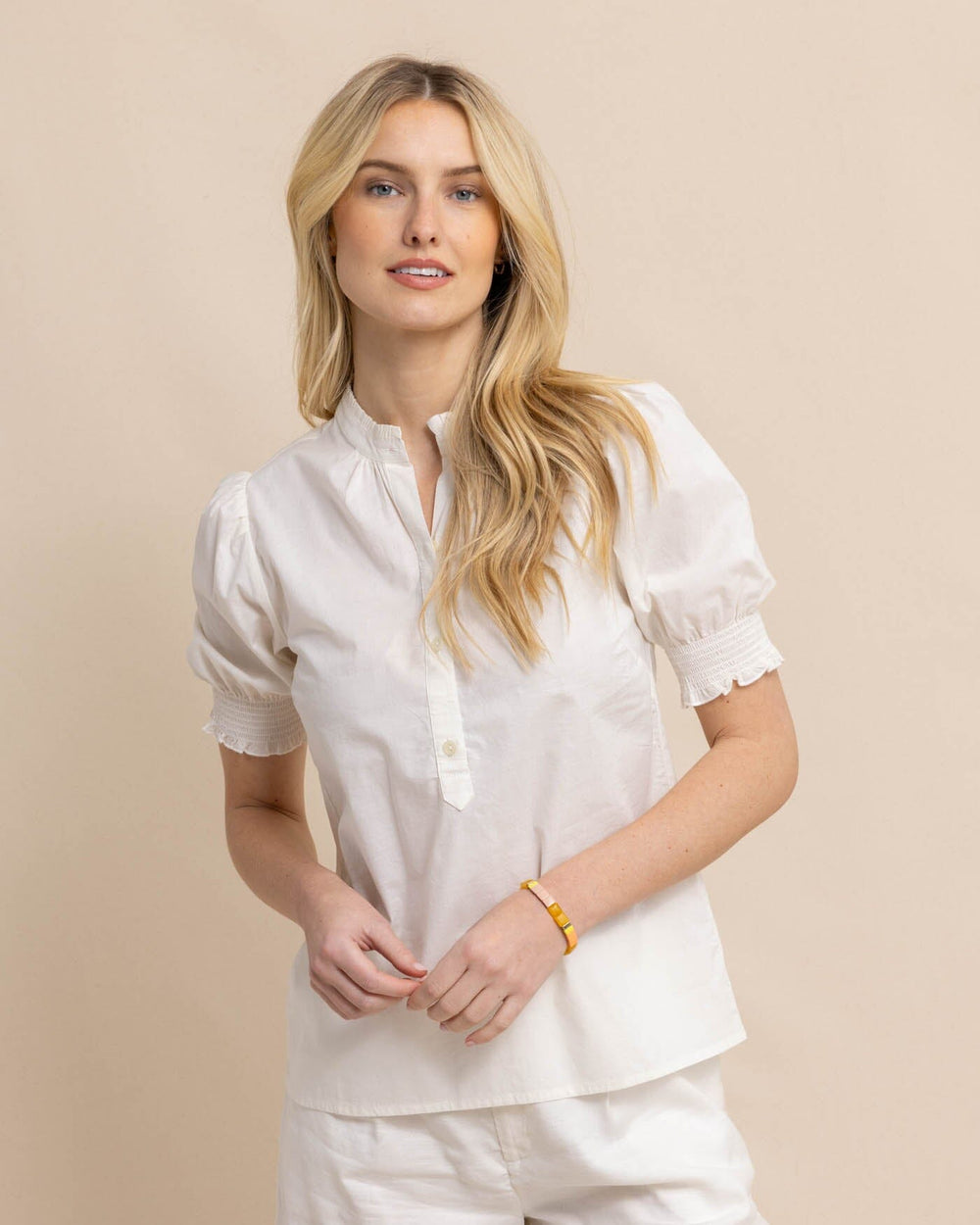 The front view of the Southern Tide Meadow Lawn Blouse by Southern Tide - Sand White