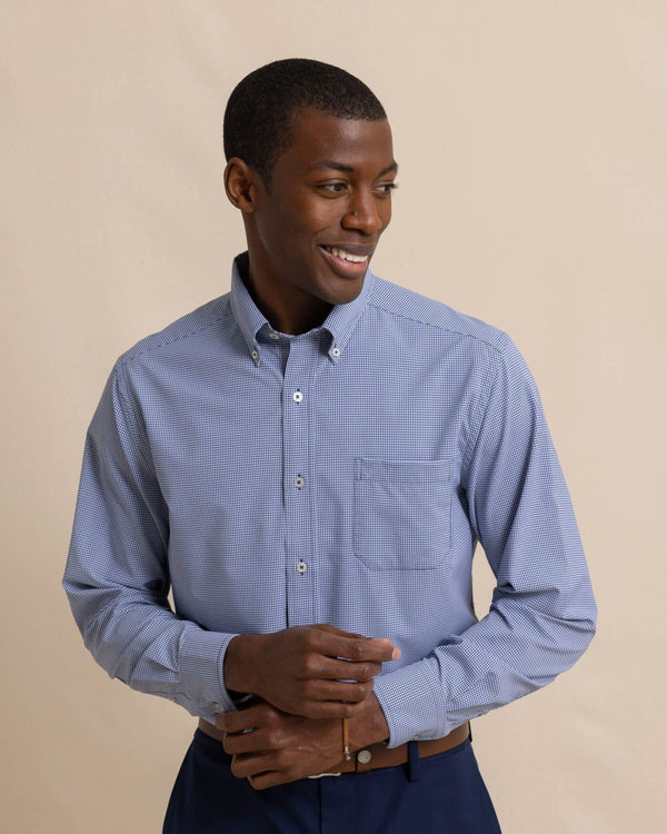 The front view of the Men's Micro Gingham Brrr Intercoastal Sport Shirt by Southern Tide - Seven Seas Blue