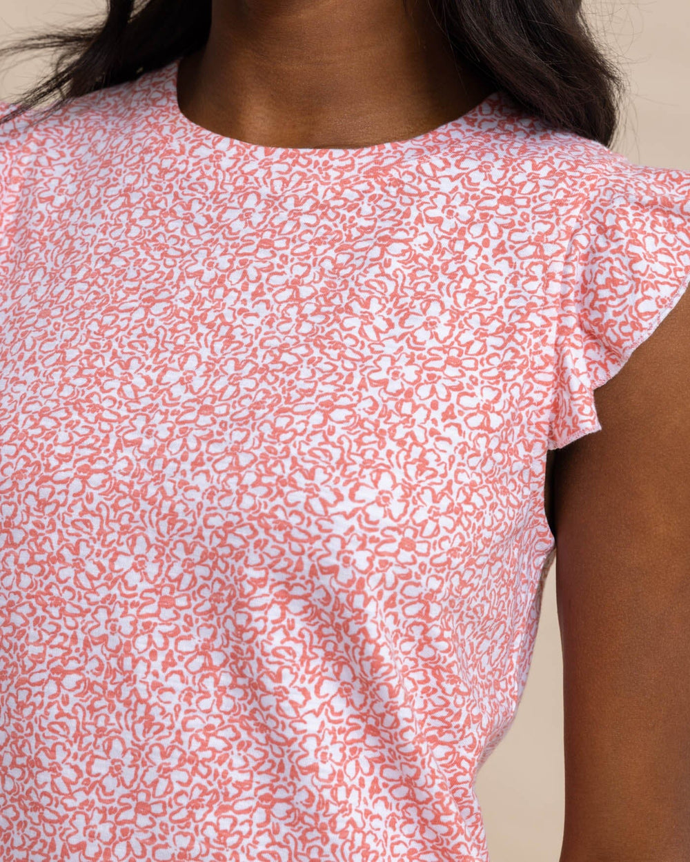 The detail view of the Southern Tide Mikala Floral Feeling Printed Sun Farer Dress by Southern Tide - Conch Shell