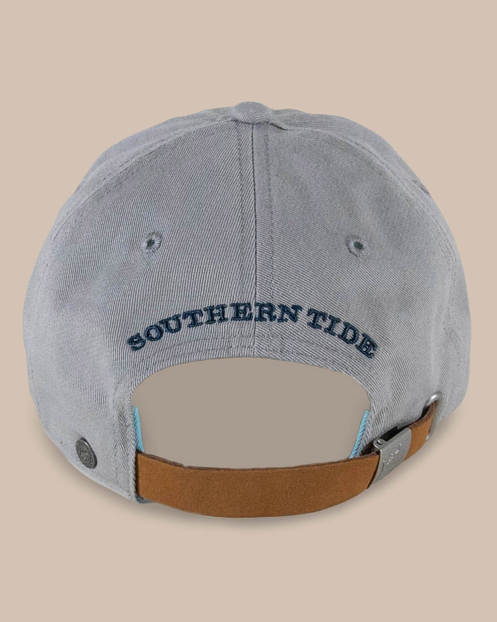 The back view of the Southern Tide Mini Skipjack Leather Strap Hat by Southern Tide - Light Grey