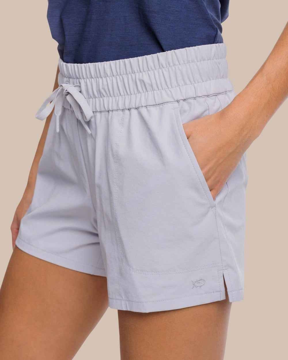 The detail view of the Southern Tide Neeley brrr Performance Short by Southern Tide - Platinum Grey
