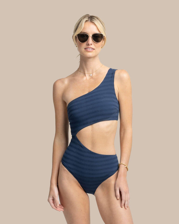 The front view of the Texture One Shoulder One-Piece by Southern Tide - Dress Blue