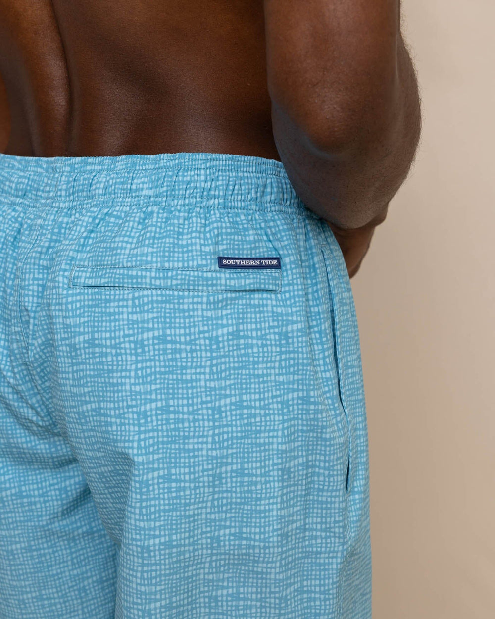 The detail view of the Southern Tide Painted Check Swim Trunk by Southern Tide - Wake Blue