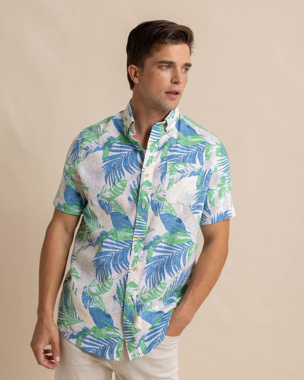 The front view of the Southern Tide Paradise Palms Linen Rayon Short Sleeve Sport Shirt by Southern Tide - Classic White