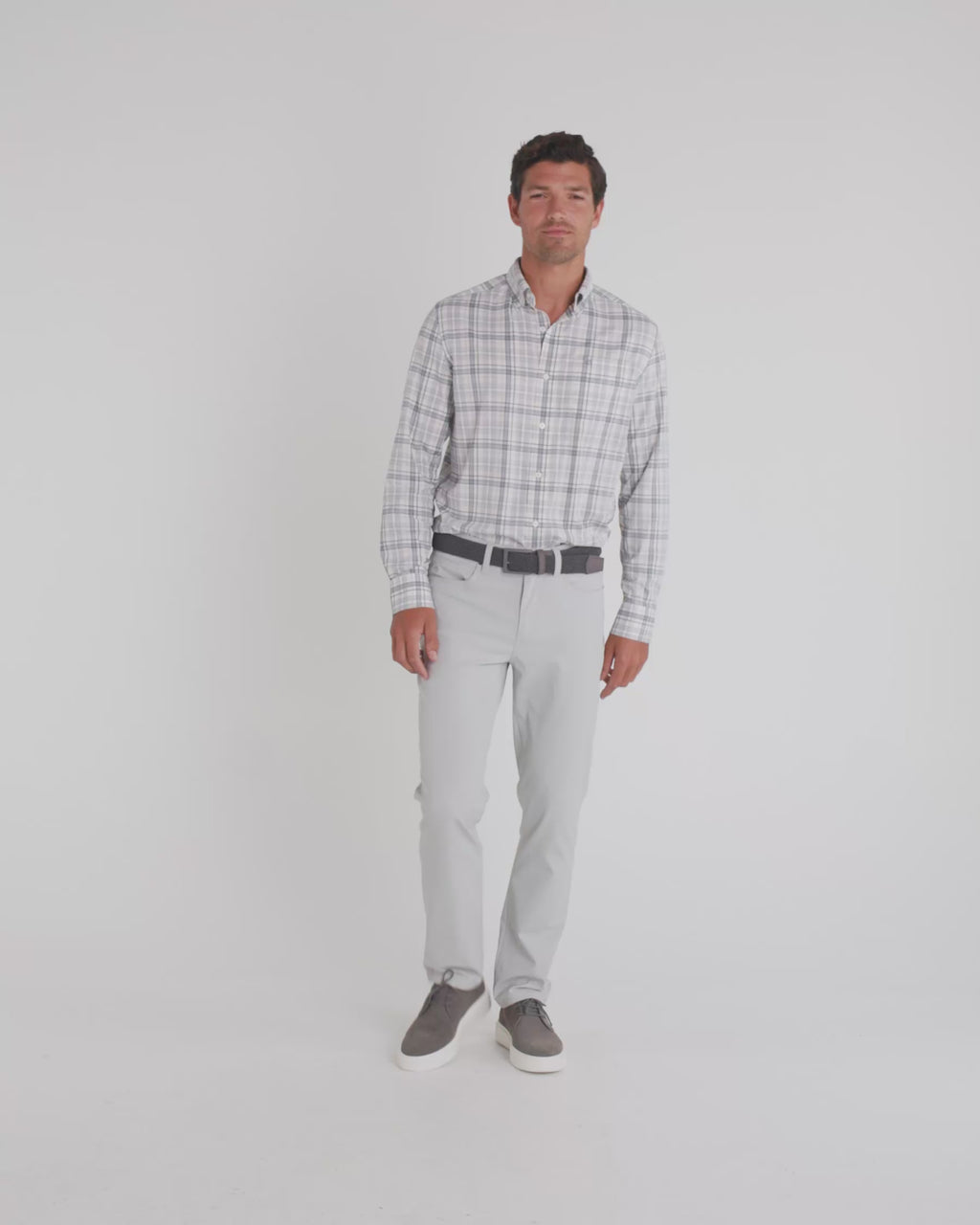 The video view of the Southern Tide Highsmith Plaid Sport Shirt by Southern Tide - Platinum Grey